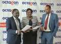 L-R: The Group Chief Executive Officer of Octagon Africa Financial Services Limited Mr. Fred Waswa, Florence Muchiri, the Commercial Director of Octagon Africa ( Center) and Mohamed Muhidin, the Legal, Market Conduct Department head from Retirement Benefits Authority (RBA)