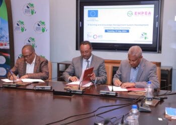 From right , TMA Country Director for Ethiopia, Mr. Ewnetu Taye, EPHEA Executive Director Tewodros Zewdie, and Idaptive Data Fusion System General Manager Alegnataye Yilma