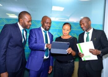 L-R: Ken Omami General Manager Health, Old Mutual General Insurance Kenya (OMGIK), Japheth Ogalloh Managing Director OMGIK, Prudence Khamati Head of Operations OMGIK and Levi Nyamwaro General Manager Distribution OMGIK at the launch of Old Mutual's new Monthly Premiums Plan.