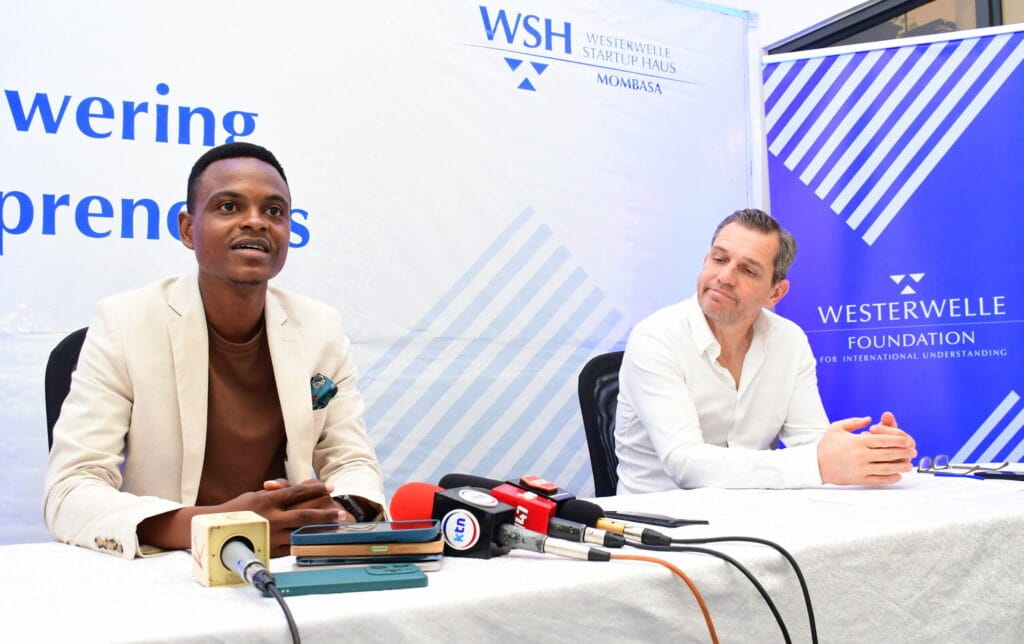 Westerwelle Foundation Kenya Country Director Joshua Murima (left) with Westerwelle Foundation Chairman Michael Mronz at the media briefing in Mombasa. Photo/courtesy