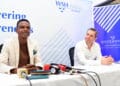 Westerwelle Foundation Kenya Country Director Joshua Murima (left) with Westerwelle Foundation Chairman Michael Mronz at the media briefing in Mombasa. Photo/courtesy