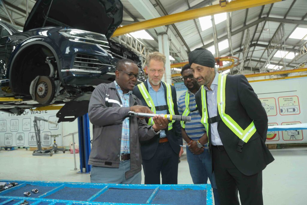 (From left) General Manager, Kenya Vehicle Manufacturers (KVM) - Moses Abiero, Deputy Head of Mission, Head of Economic Affairs German Embassy - Alexander Fierley, Economic Affairs, Economic Cooperation & Development, German Embassy - Pius Ogola Ongoo and CFAO Mobility Managing Director, Arvinder Reel during the visit at Kenya Vehicle Manufacturers (KVM) where Kenya and Germany renewed cooperation aimed at strengthening the local automotive sector.