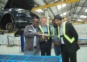 (From left) General Manager, Kenya Vehicle Manufacturers (KVM) - Moses Abiero, Deputy Head of Mission, Head of Economic Affairs German Embassy - Alexander Fierley, Economic Affairs, Economic Cooperation & Development, German Embassy - Pius Ogola Ongoo and CFAO Mobility Managing Director, Arvinder Reel during the visit at Kenya Vehicle Manufacturers (KVM) where Kenya and Germany renewed cooperation aimed at strengthening the local automotive sector.