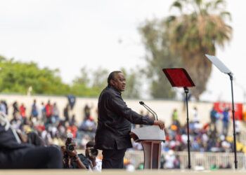 Former President Uhuru Kenyatta addressing mourners at Nyayo Stadium on Friday 17th 2025.