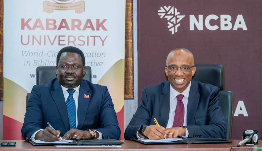 Prof. Henry Kiplangat VC Kabarak University(left) and Robert Kiboti, Director, Commercial and SME Banking NCBA