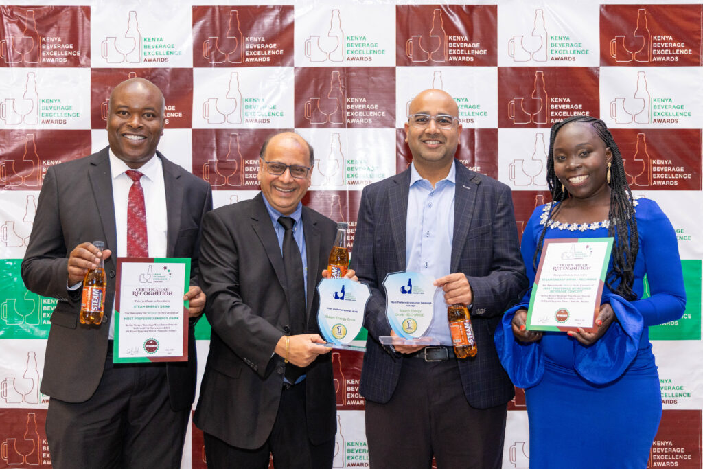 L–R: Antony Kuria, Country Sales Manager, Kenafric Beverages and Bottling Limited, Mayur Shah, Group Managing Director, Kenafric Group, Chehar Shah, Managing Director, Kenafric Beverages and Bottling Limited, and Emmaculate Aoko, Brand Manager, STEAM, during the Kenya Beverage Excellence Awards 2025
