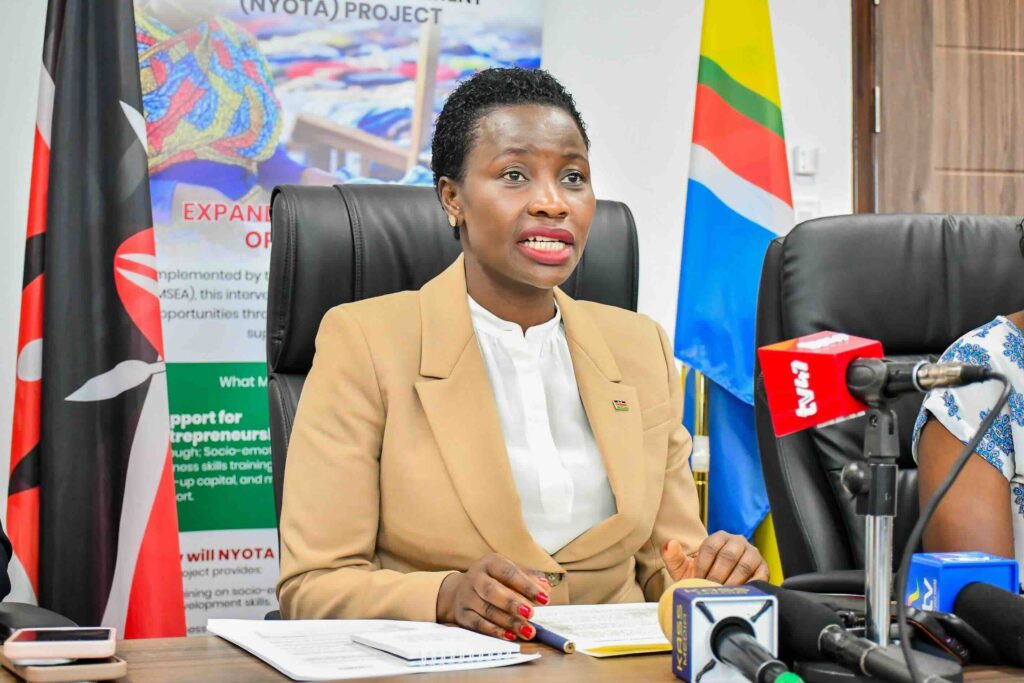 Principal Secretary, State Department for MSMEs Development Hon Susan Mang'eni at a press briefing giving an update on business support and training for the NYOTA Projec