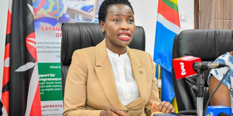 Principal Secretary, State Department for MSMEs Development Hon Susan Mang'eni at a press briefing giving an update on business support and training for the NYOTA Projec