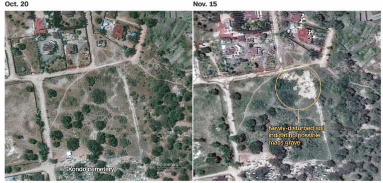 Satellite imagery shows disturbed soil in Kondo cemetery north of Dar es Salaam. A source told CNN that local boys were paid to dig and bury bodies of protesters in mass graves here.