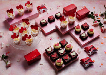 A selection of delicious sweet treats with a Valentine's Day theme, offered to all customers onboard Emirates on the 14 February