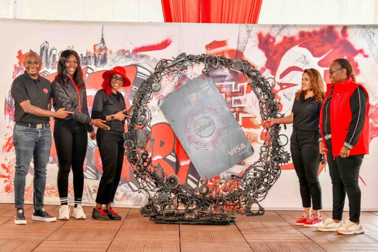 Absa Bank Kenya Consumer Banking Director Moses Muthui, Head of Digital Marketing & NextGen Seline Awuor, Marketing and Corporate Affairs Director Mwihaki Wachira, Affluent Banking Director Seema de Souza and Head of Card Payments Linda Kimani during the unveiling of one of its future-ready, digital-first card proposition, the Absa Visa Infinite Debit and Credit metal card.