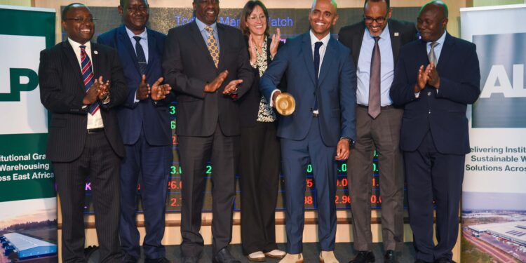 From left: Frank Mwiti, Chief Executive Officer, Nairobi Securities Exchange; Stephen Odua, Director of Industries, State Department for Investment Promotion, Ministry of Investment, Trade and Industry; Kiprono Kittony, Chairman, Nairobi Securities Exchange; H.E. Diana Dalton, Deputy High Commissioner to Kenya, British High Commission Kenya; Raghav Gandhi, Chief Executive Officer, Africa Logistics Properties; Ugas Sheikh-Mohamed, Chairman, Capital Markets Authority; and Wyckliffe Shamiah, Chief Executive Officer, Capital Markets Authority, during the ALP Industrial Real Estate Investment Trust (ALP REIT) listing and bell ringing ceremony at the Nairobi Securities Exchange in Nairobi on Wednesday 11th March 2026.