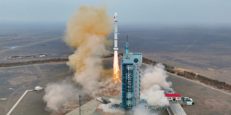 A Long March 2C carrier rocket carrying the Shiyan 33 test satellite blasts off from the Jiuquan Satellite Launch Center in Northwest China on March 27 2026 Photo by Wang Jiangbo For chinadaily