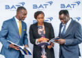 BAT Kenya finance director Philemon Kipkemoi, chairperson Rita Kavashe and MD Crispin Achola during the launch of the company’s sustainable report/ HANDOUT