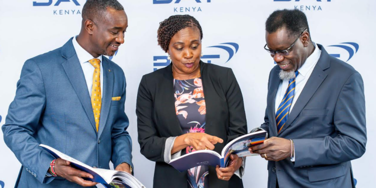 BAT Kenya finance director Philemon Kipkemoi, chairperson Rita Kavashe and MD Crispin Achola during the launch of the company’s sustainable report/ HANDOUT