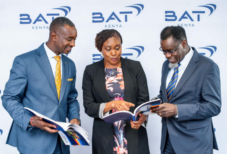 BAT Kenya finance director Philemon Kipkemoi, chairperson Rita Kavashe and MD Crispin Achola during the launch of the company’s sustainable report/ HANDOUT