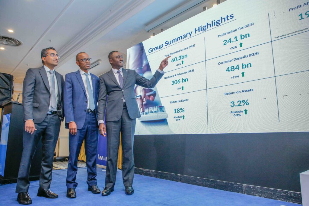 Regional Chief Executive Officer, Mr. Kihara Maina (right), explains I&M’s Group Summary Highlights for FY2025, Group Chief Financial Officer David Ngata (centre) and Director of Retail and Business Banking Shameer Patel (left), during the Investor Briefing Session held at Sarova Stanley Hotel.