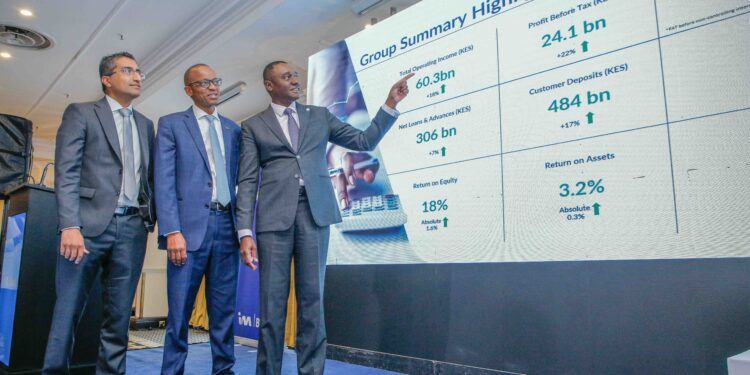 Regional Chief Executive Officer, Mr. Kihara Maina (right), explains I&M’s Group Summary Highlights for FY2025, Group Chief Financial Officer David Ngata (centre) and Director of Retail and Business Banking Shameer Patel (left), during the Investor Briefing Session held at Sarova Stanley Hotel.