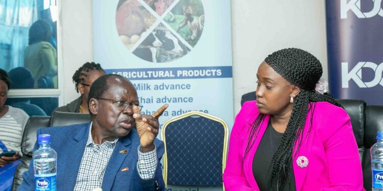 Sakwa Bunyasi, Board Chairman of Kenya Development Corporation, in conversation with Director General Norah Ratemo during the KDC & World Bank visit to GDC Sacco