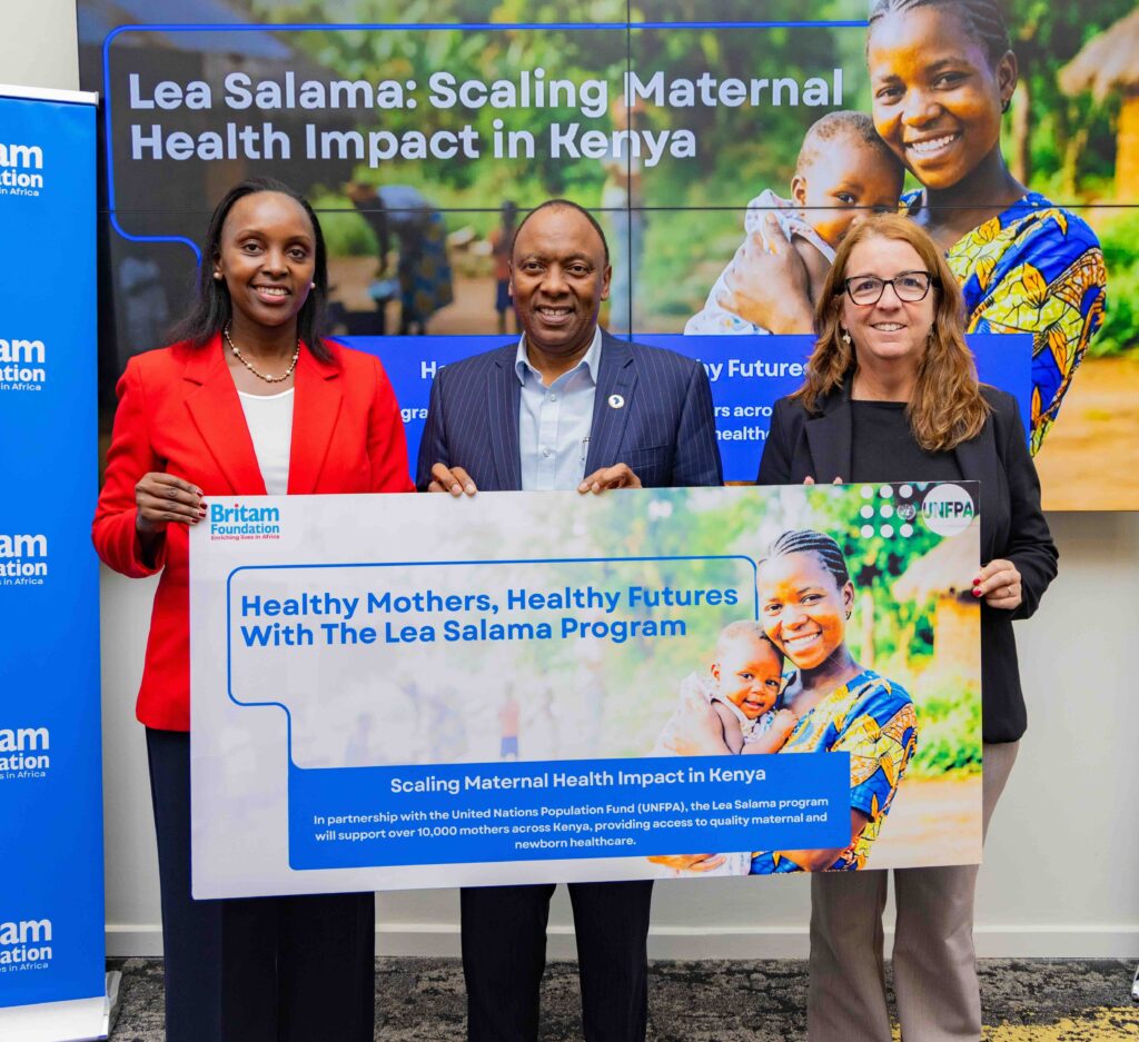From left, Catherine Karita, Director, Foundation and Investor Relations, Britam Group, Sharon Amurega, a mother from Pumwani Ward, Tom Gitogo, MD and CEO, Britam Group, and Dr. Pilar de la Corte Molina, Deputy Rep/OIC UNFPA, during the MoU signing of the Lea Salama Programme between Britam Foundation and UNFPA at Somerset Westview, Nairobi