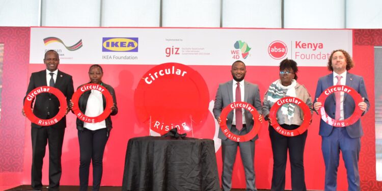 (L-R): Absa Bank Kenya Managing Director Abdi Mohamed, Ziada Solutions Production Manager Pauline Wangui, Absa Bank Kenya Head of Sustainability Charles Wokabi, MokoMaya Founder Nyandia Kamawe, and GIZ Team Leader, Employment Promotion for Women for the Green Transformation in Africa (WE4D) Kenya, Thomas Jaeschke during the launch of the CircularRising Programme Launch, a collaborative initiative by Absa Kenya Foundation and GIZ, aiming to empower over 2,000 women and youth-led MSMEs.