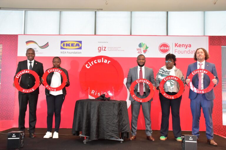 (L-R): Absa Bank Kenya Managing Director Abdi Mohamed, Ziada Solutions Production Manager Pauline Wangui, Absa Bank Kenya Head of Sustainability Charles Wokabi, MokoMaya Founder Nyandia Kamawe, and GIZ Team Leader, Employment Promotion for Women for the Green Transformation in Africa (WE4D) Kenya, Thomas Jaeschke during the launch of the CircularRising Programme Launch, a collaborative initiative by Absa Kenya Foundation and GIZ, aiming to empower over 2,000 women and youth-led MSMEs.