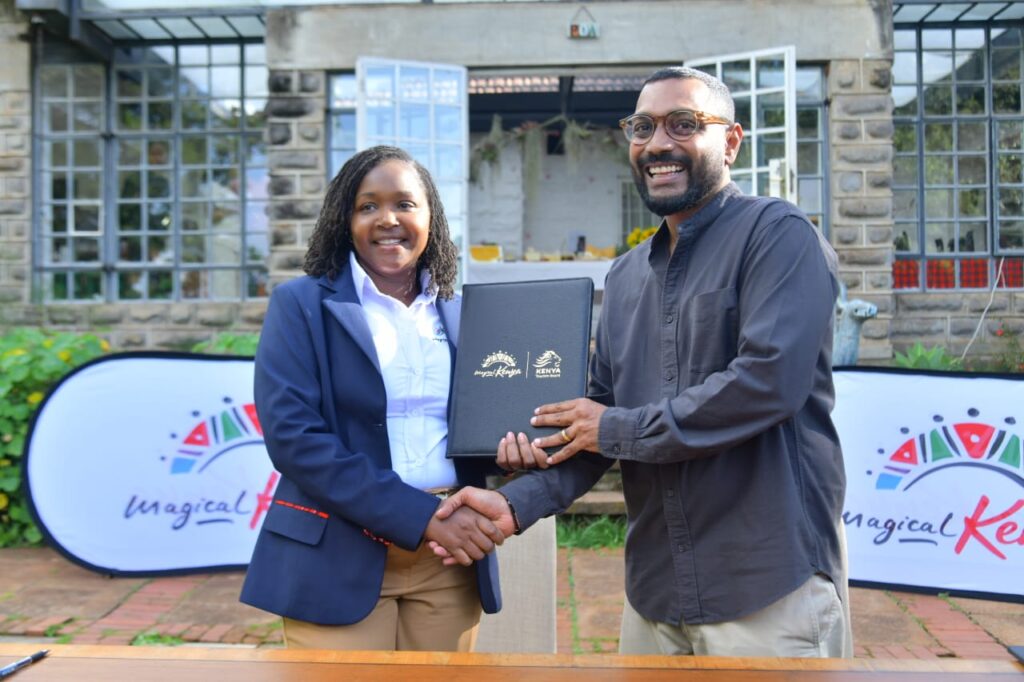 Kenya Tourism Board (KTB) CEO June Chepkemei (L) and EatOut Africa Director Mikul Shah ratify a joint initiative to market Kenya's culinary tourism sector through tech-driven visitor experiences at The Lake House Tigoni