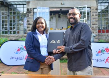 Kenya Tourism Board (KTB) CEO June Chepkemei (L) and EatOut Africa Director Mikul Shah ratify a joint initiative to market Kenya's culinary tourism sector through tech-driven visitor experiences at The Lake House Tigoni