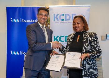 Mr. Sarit Shah, Group Executive Director, I&M Group and Mrs. Rose Mambo, Board Chair, KCDF sign the official agreement to formalize a KES 64.8 million partnership to advance Green & Digital transformation in Kenya