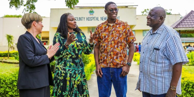 Dr. Shannon Shibata Germanos, Head of Global Health at Proximie, Patricia Ithau,M-PESA Foundation Trustee, Dr. Michael Mwachiro, President of the Surgical Society of Kenya and Peter Mwarogo, Kilifi County Executive Committee Member for Health and Sanitation Services during the Digital Operating Room launch at Kilifi County Referral Hospital.