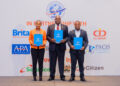 From left: Dynamique Insurance Brokers Ltd Managing Director Mildred Kauso, Kenya International Freight and Warehousing Association (KIFWA) National Chairman Fredrick Aloo, and Britam Chief Executive Officer, General Insurance, James Mbithi, during the launch of the