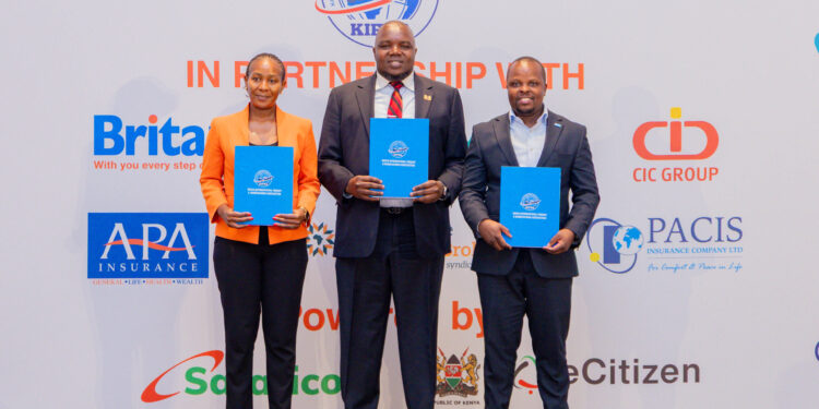 From left: Dynamique Insurance Brokers Ltd Managing Director Mildred Kauso, Kenya International Freight and Warehousing Association (KIFWA) National Chairman Fredrick Aloo, and Britam Chief Executive Officer, General Insurance, James Mbithi, during the launch of the