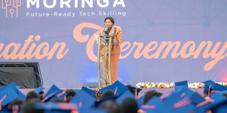 Mary Kerema, OGW, Secretary for ICT, E-Government and the Digital Economy, addressing graduates during the Moringa School 2026 Graduation and Career Fair in Nairobi. A total of 1,761 learners graduated across Data Science, Artificial Intelligence, Cybersecurity, Data Analytics, Software Engineering, DevOps, Product Design and Data Visualisation.