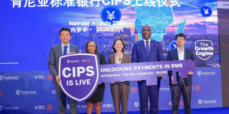 From left: Liu Jia, Deputy Chief Representative Officer, ICBC Africa; Florence Wanja, Head of Business and Commercial Banking, East Africa, Stanbic Bank; Guo Haiyan, Ambassador of the People’s Republic of China to Kenya; Jonathan Muga, Head of Corporate and Investment Banking, Stanbic Bank Kenya; and Mo Yongnian, Chief Financial Officer, China Road and Bridge Corporation Kenya, pose for a photograph during Stanbic Bank Kenya’s Economic Outlook and RMB Business Ecosystem China Day celebration.
