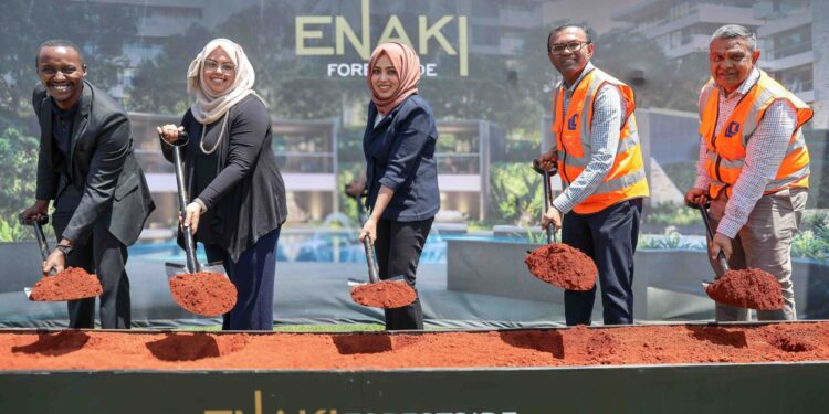From left: Alvin Muchai, Development Project Manager at HassConsult; Farhana Hassanali, Co-CEO and Development Director at HassConsult; Sakina Hassanali, Co-CEO and Creative Director at HassConsult; and Arvind Raghwani and Ramesh Raghwani, Directors at Laxmanbhai, during the Enaki Forestside groundbreaking ceremony in Enaki Town, Nairobi.