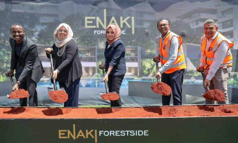 From left: Alvin Muchai, Development Project Manager at HassConsult; Farhana Hassanali, Co-CEO and Development Director at HassConsult; Sakina Hassanali, Co-CEO and Creative Director at HassConsult; and Arvind Raghwani and Ramesh Raghwani, Directors at Laxmanbhai, during the Enaki Forestside groundbreaking ceremony in Enaki Town, Nairobi.