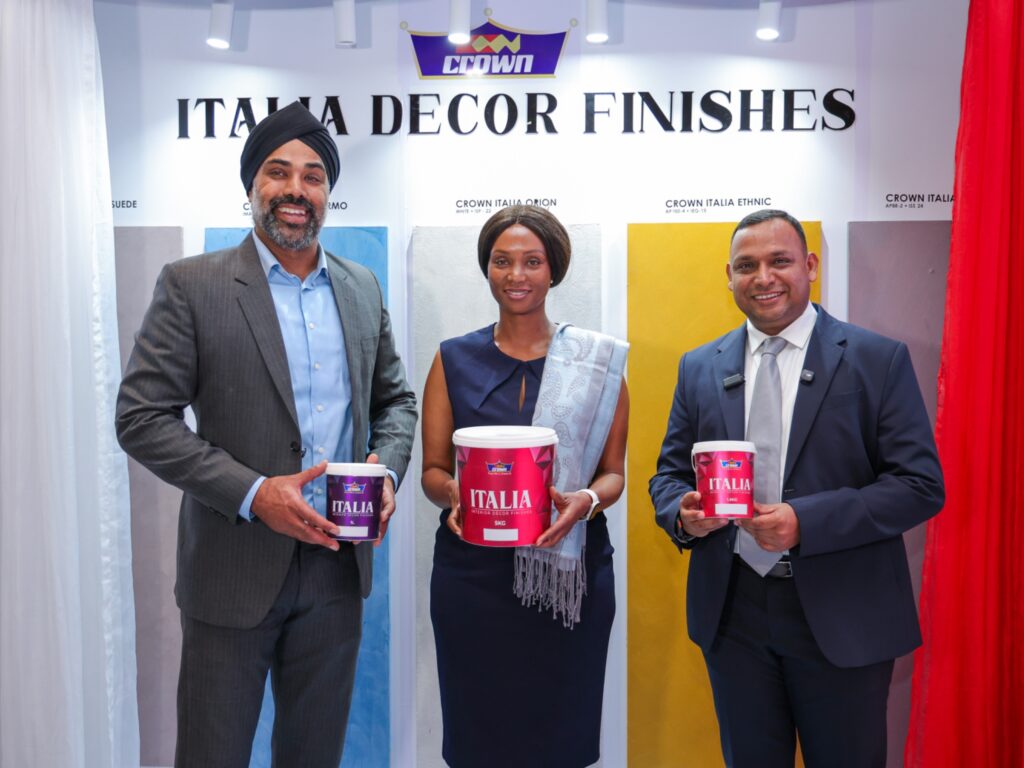 From left, Zoravar Singh, Board Director, Kenya Property Developers Association (KPDA), Anne Wakonyo Muchiri, KPDA Treasurer, and Mustafa Turra, CEO of Crown Paints Group, during the launch of the Crown Italia Series, a new range of premium decorative finishes for residential and commercial spaces, at the KPDA Summit at Radisson Blu, Nairobi.