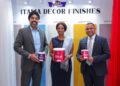 From left, Zoravar Singh, Board Director, Kenya Property Developers Association (KPDA), Anne Wakonyo Muchiri, KPDA Treasurer, and Mustafa Turra, CEO of Crown Paints Group, during the launch of the Crown Italia Series, a new range of premium decorative finishes for residential and commercial spaces, at the KPDA Summit at Radisson Blu, Nairobi.