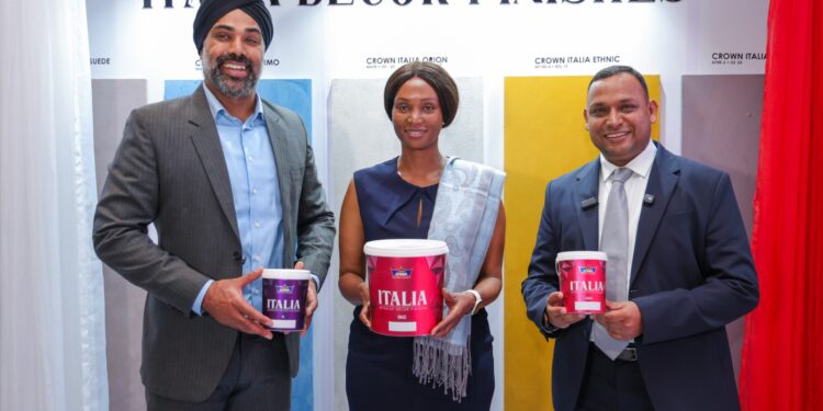From left, Zoravar Singh, Board Director, Kenya Property Developers Association (KPDA), Anne Wakonyo Muchiri, KPDA Treasurer, and Mustafa Turra, CEO of Crown Paints Group, during the launch of the Crown Italia Series, a new range of premium decorative finishes for residential and commercial spaces, at the KPDA Summit at Radisson Blu, Nairobi.